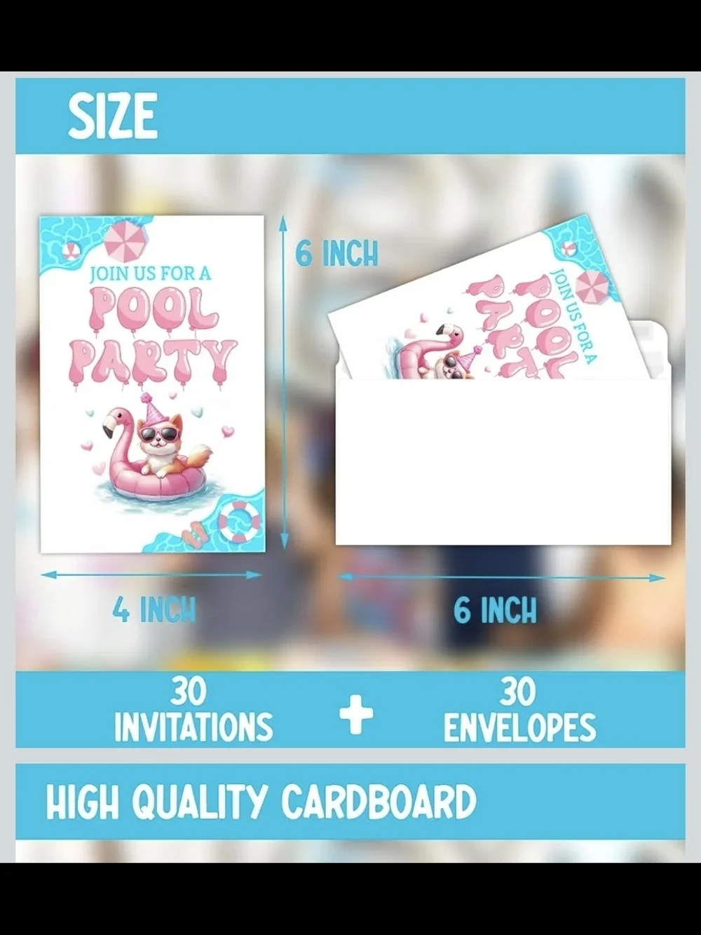 Pool Party 30 Cards & 30 Envelope Invitations Pink Flamingo Float & A Cat Summer